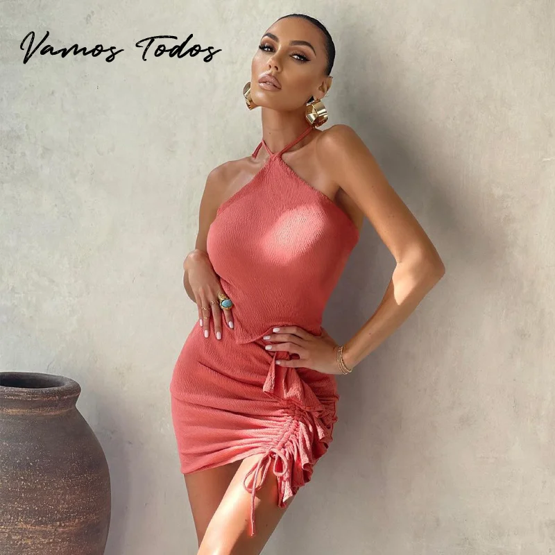 

2021 Summer Neck-Mounted Sleeveless Top Dresses For Women Shirring Short Bottom Club Party Dress Red Vestido Feminino