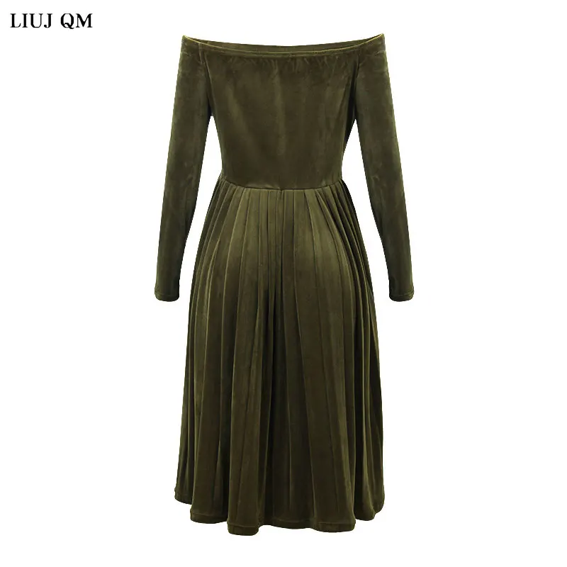 

Spring Solid Color Dress Woman Long Sleeve Long Summer Folds Dress One word collar Strapless sexy Dresses For Women Party 2021