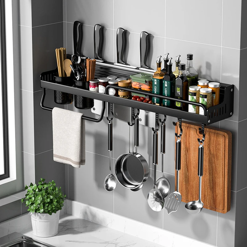 

Kitchen Storage Shelf Spice Racks Wall-mounted Space Aluminum Punch-free Multifunctional Kitchen Shelf Kichen Items Organizer