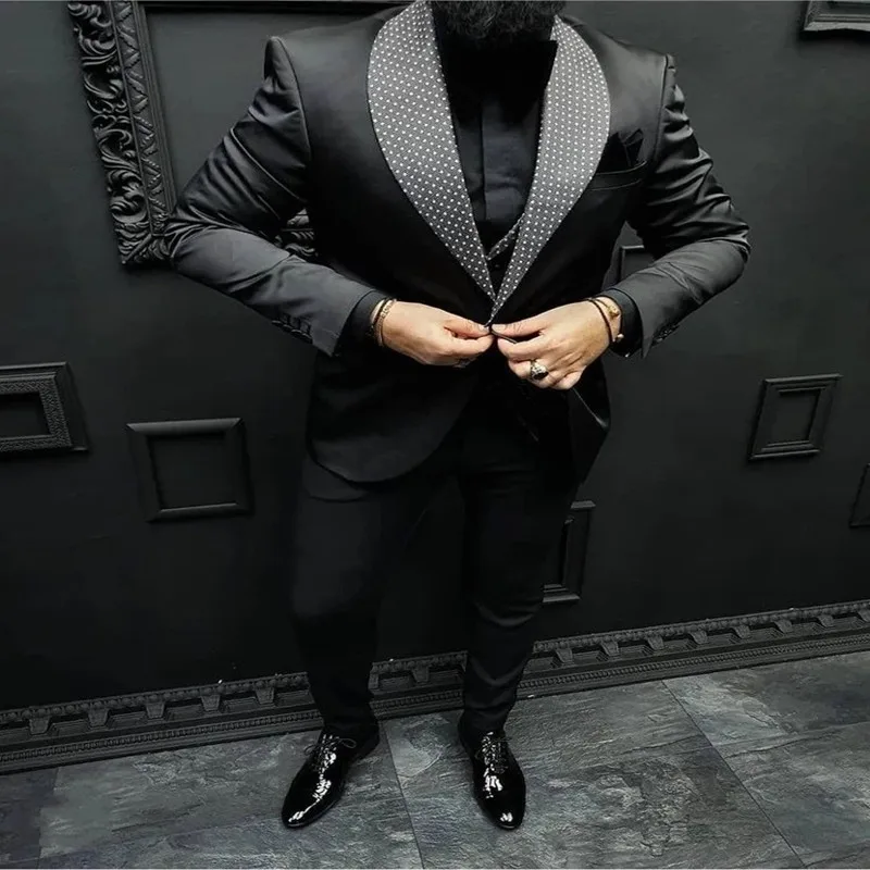 

Новое поступление, последняя одежда для мужчин, Черная шаль, отворот, одна пуговица, приталенный смокинг для курения, 2 предмета (пиджак + брю...