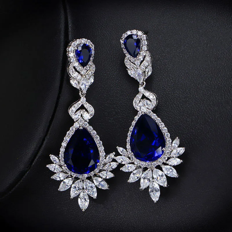 Royal blue ThreeGraces Великолепный CZ камень инкрустированный большой цветок Длинные камни в форме капли свадебные серьги-висюльки для свадебных ювелирных изделий ER031 - Окраска металла: Royal blue