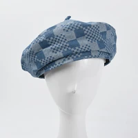 fashion retro beret hats for women autumn winter denim lattice beanie hat flat top travel cap female party windproof new 2021