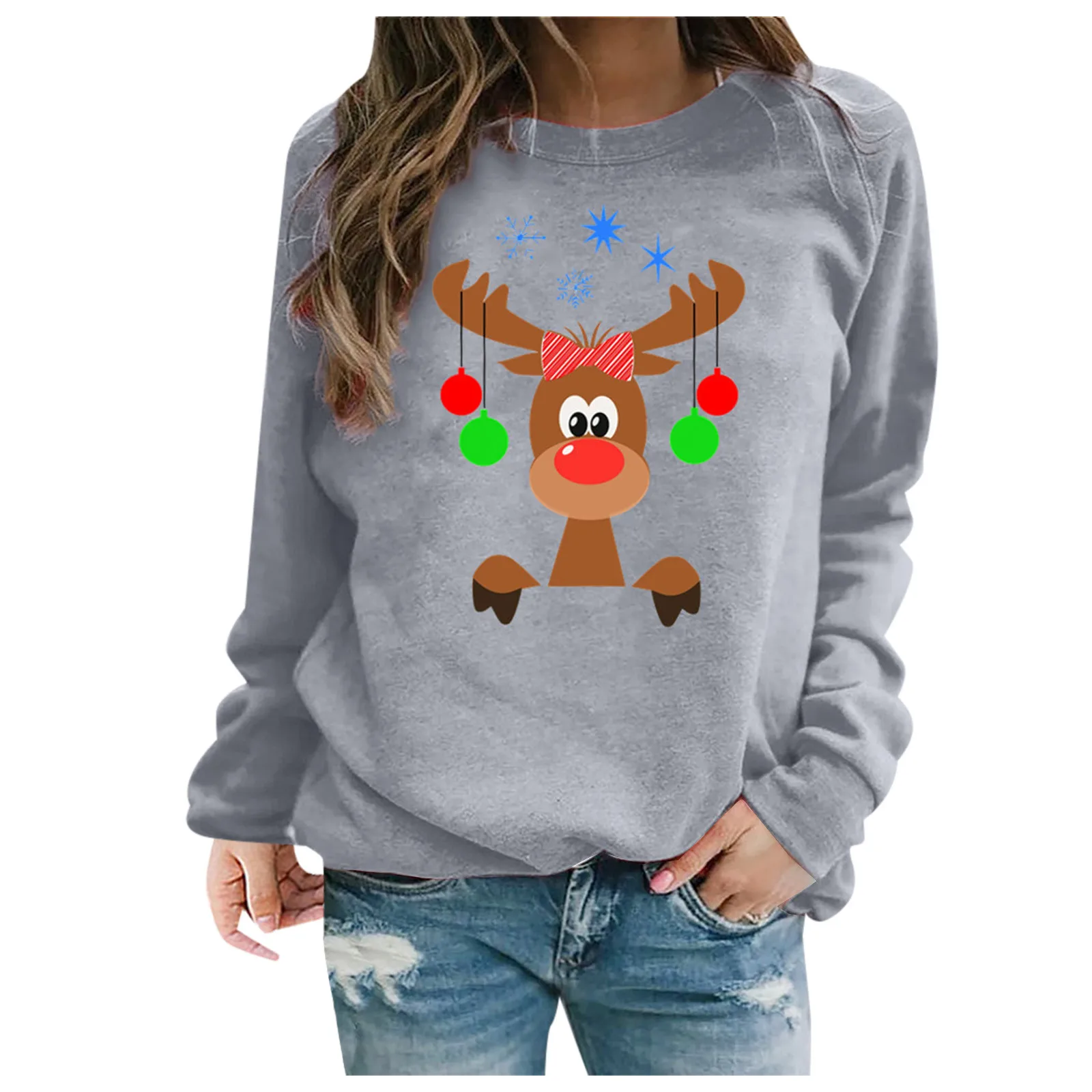 

Neck Pullover Blouse Sleeve Casual Print Top Christmas Long Round Shirt Women's Women's Blouse