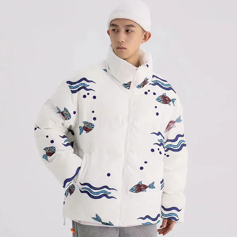 Aolamegs Winter Jacket Men Parkas Colorful Fish Painting Print Outwear Loose Warm Japanese Harajuku Thick Coat Couple Streetwear