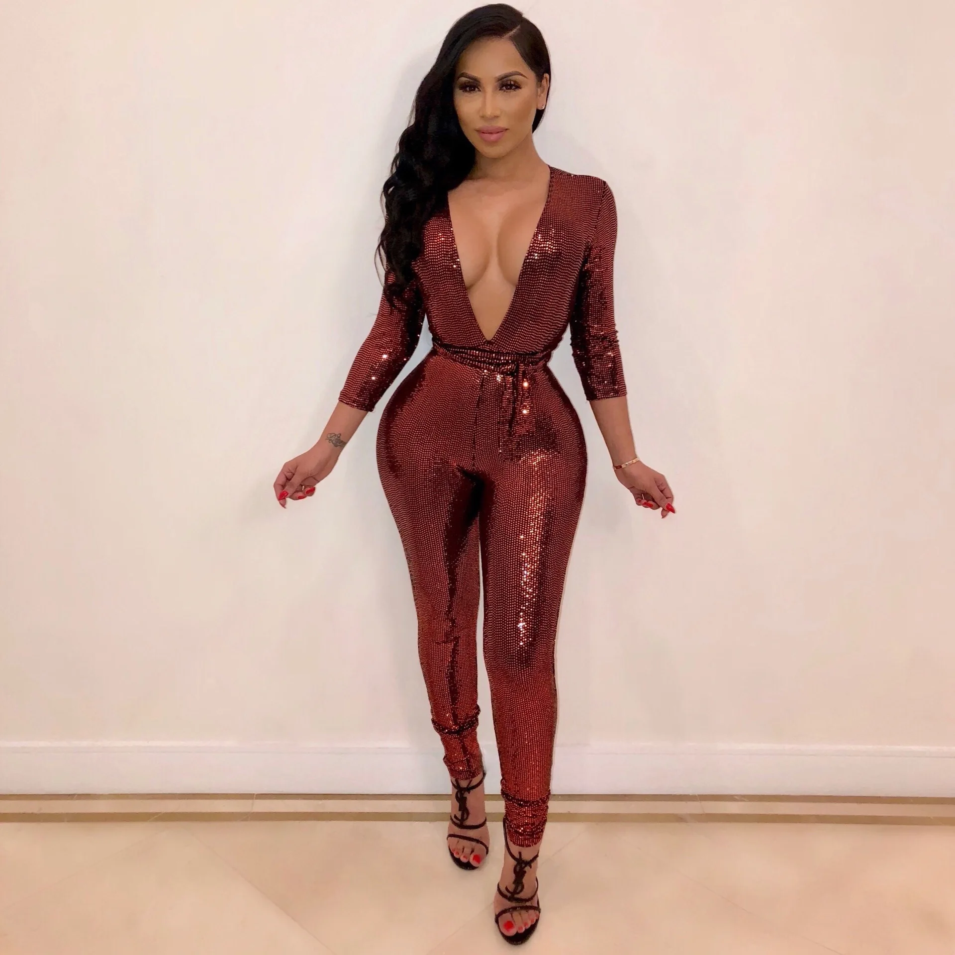 

Ursuper New Women's Nightclub Sequined V-neck Long Sleeve Jumpsuit Women's Supply Monos Mujer Elegante