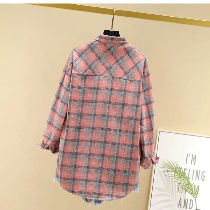 

Blouse Women Loose Retro Plaid Shirt Coat Long-Sleeved Shirt Female Blusas Ropa De Mujer