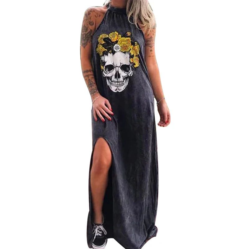 

Sexy Sleeveless Halter Neck Shirt Long Dress Vintage Gothic Skull Print Black Dress 2020 Summer Plus Size Cotton Long Dress