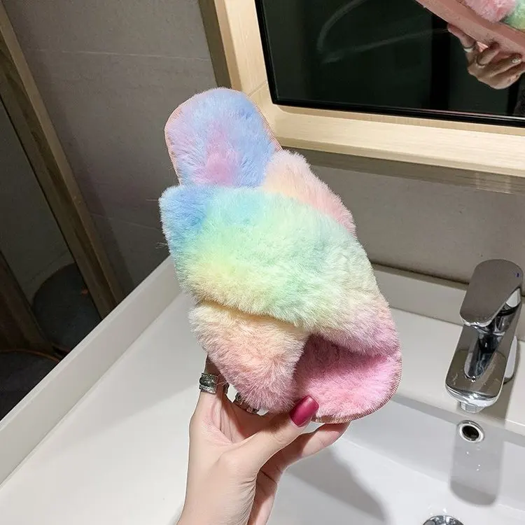 

Winter Women House Slippers Faux Fur Open Toes Colorful Cross Vamp Furry Slippers Warm Flats Female Slides Cozy Woman Shoes