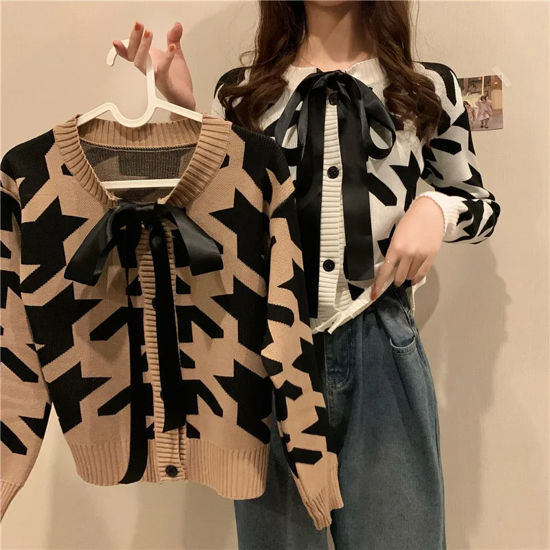 

JMPRS Bowknot Women Cardigan Sweater Fashion O Neck Spring Harajuku Short Jacket Knit Elegant Ladies Loose Female Jumper Tops