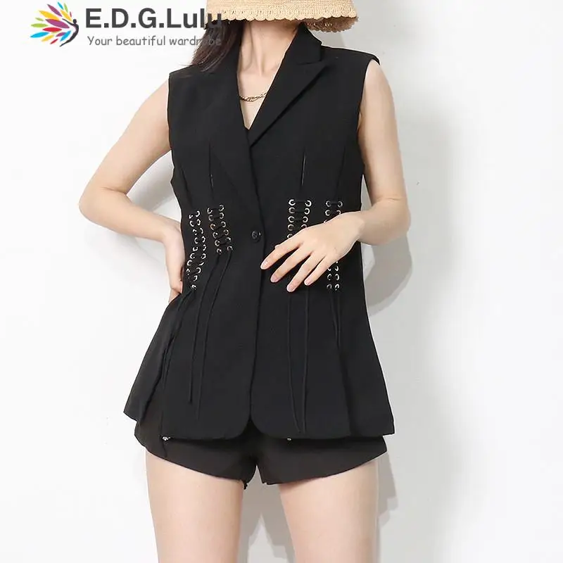 

EDGLuLu New Arrival Fashion Jacket Women Coat Sleeveless Vest Suit Blazers Turn-down Collar Button Drawstring Black Jackets 1009