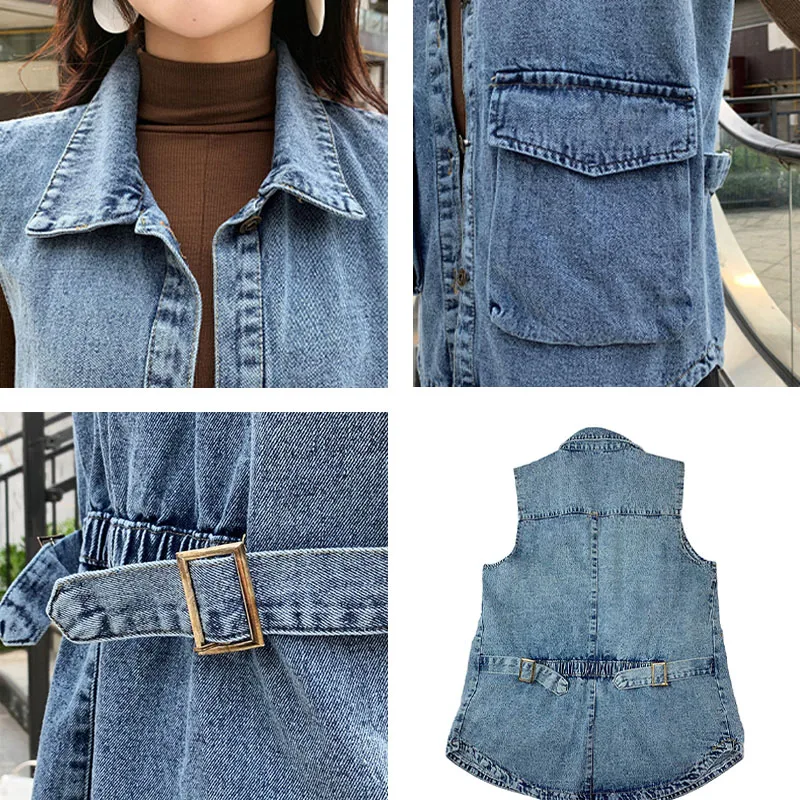 

Elastic Sashes Patchwork Denim Sleeveless Jacket Women Blue Loose Big Pockets Vest Streetwear Korean Style Large Ssize Jean Coat