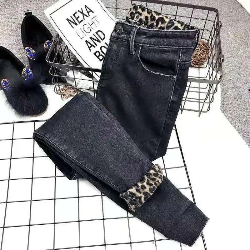 Plush Leopard Print Black and Gray Jeans Women's Winter Thickened High Waist Fashion Warm Feet Boots Pants Mother | Женская одежда