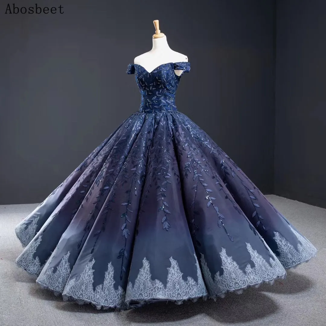 Dark Blue Leaf Lace Puffy Ball Gown Prom Evening Dress Off Shoulder Luxury Shining Elegant Evening Gown Lace Up Back 2021 New