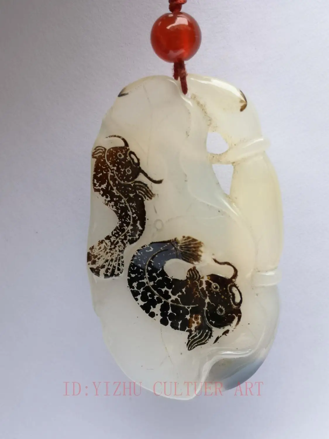 

YIZHU CULTUER ART Collection Rare China Natural Agate Jade Hand Carving Fish Lotus root Statue Pendant