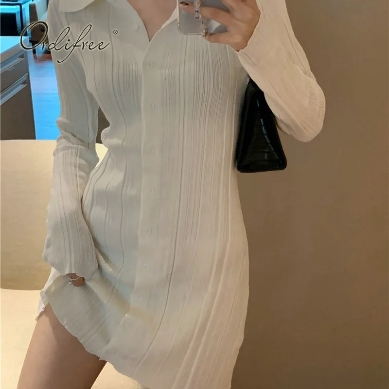 

Женское трикотажное платье Ordifree, белое однобортное мини-платье с длинным рукавом, осень 2022