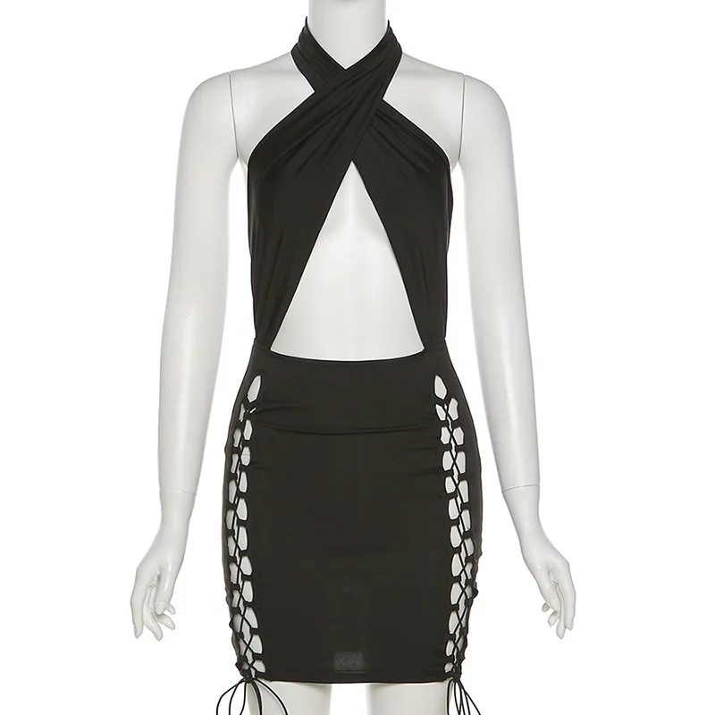 

BOOFEENAA Sexy Bodycon Dress Cut Out Ties Crossed Cross Halter Backless Mini Dress Unicolor Black Sexy Outfit Clubwear C83-CC16