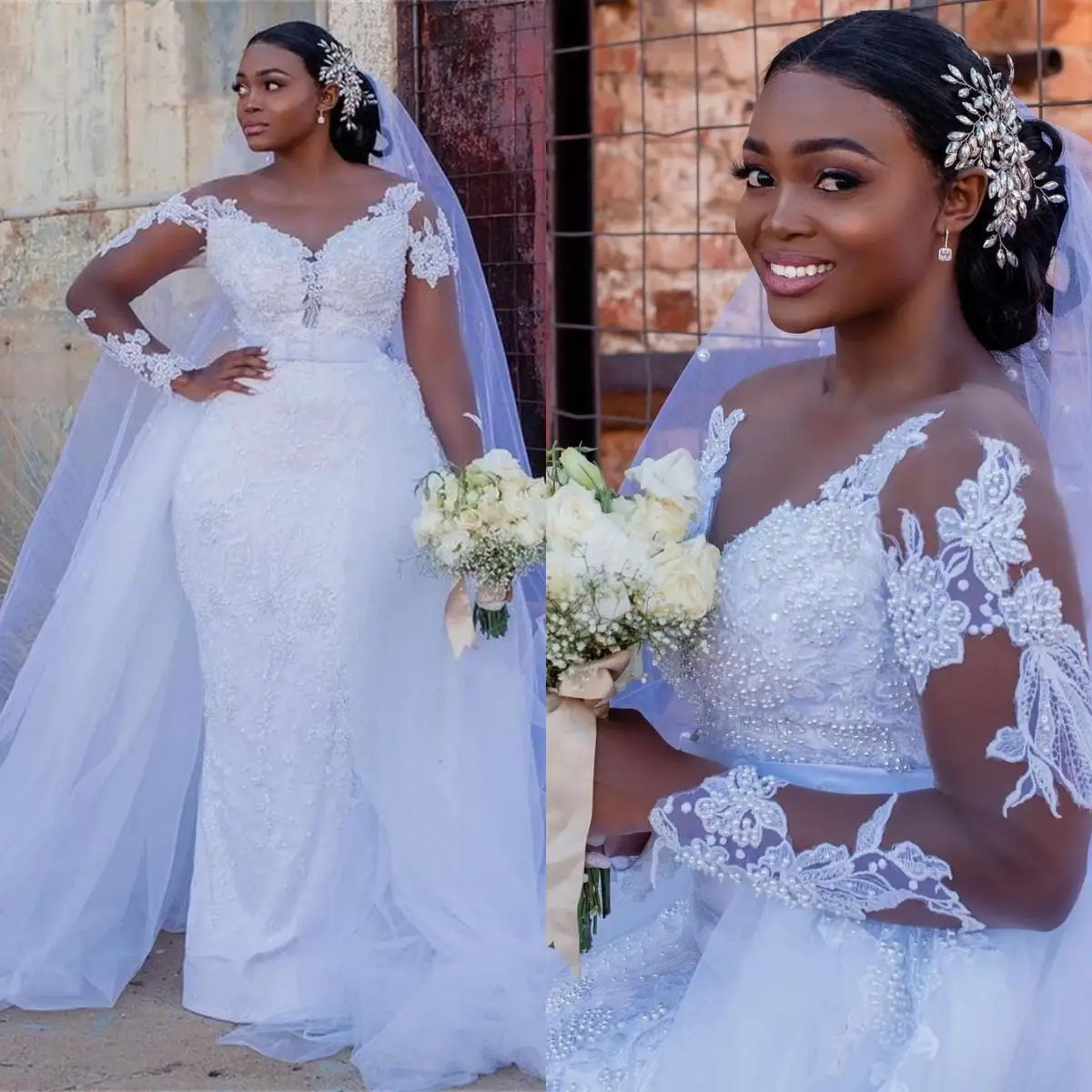

Plus Size Wedding Dresses Detachable Train Pearls Appliqued Lace Country Bridal Gowns With Free Veils Vestidos De Novia