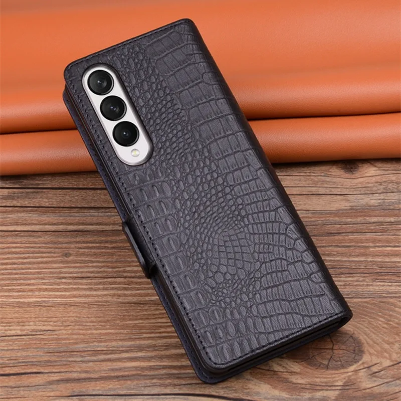 Genuine Leather Magnetic Flip Case for Samsung Galaxy Z Fold 4 3 2 Fold3 Crocodile Alligator Grids Grain Protective Phone Cover