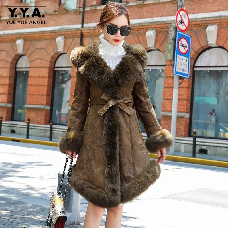 

Женская зимняя куртка из натурального меха, Свободное пальто средней длины в стиле пэчворк с капюшоном из овечьей шерсти и лисьим мехом на в...