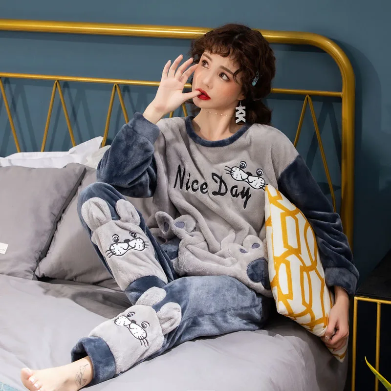 

Long Sleeve Warm Flannel Pajamas Winter Women Pajama Sets Print Thicken Sleepwear Pyjamas Plus Size 4XL 5XL 85kg Nightwear Set