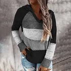 Женский свитер в стиле пэчворк с V-образным вырезом, топы с капюшоном и длинными рукавами, повседневная осенняя одежда, повседневные пуловеры, размера плюс свитер