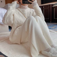stripe knitted wide leg pants womens thickened autumn and winter new high waist slim vertical casual long trousers sweaterpants