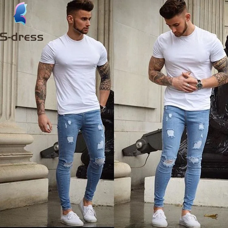 

FARDRESS 2021New white frayed small feet slim jeans European and American men's skinny denim