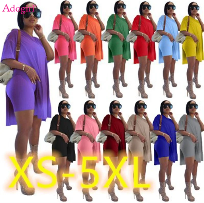 

Женский однотонный спортивный костюм Adogirl, свободная длинная футболка с V-образным вырезом, коротким рукавом и разрезом сбоку и шорты, Модны...