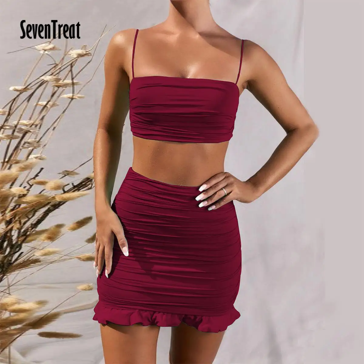 

Solid Tracksuit Women Clothes Summer Female Sexy Halter Crop Top Ruched Skirts Matching Sets Woman Outfit Suits Two Piece Set