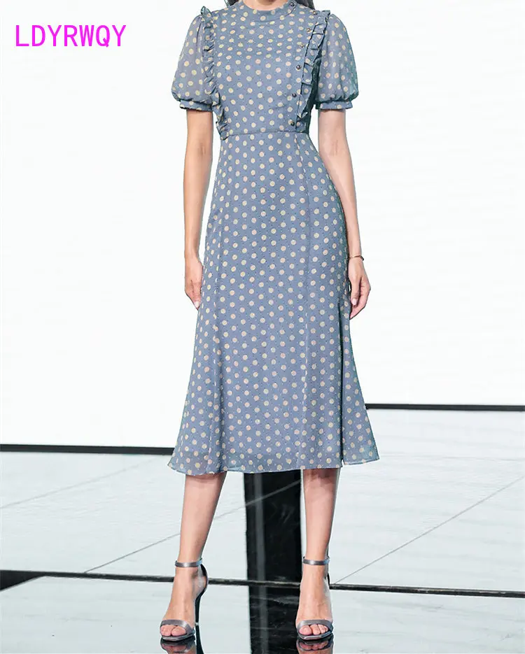 

LDYRWQY Summer 2021 new women's dress polka point chiffon slim skirt short sleeves show thin dress