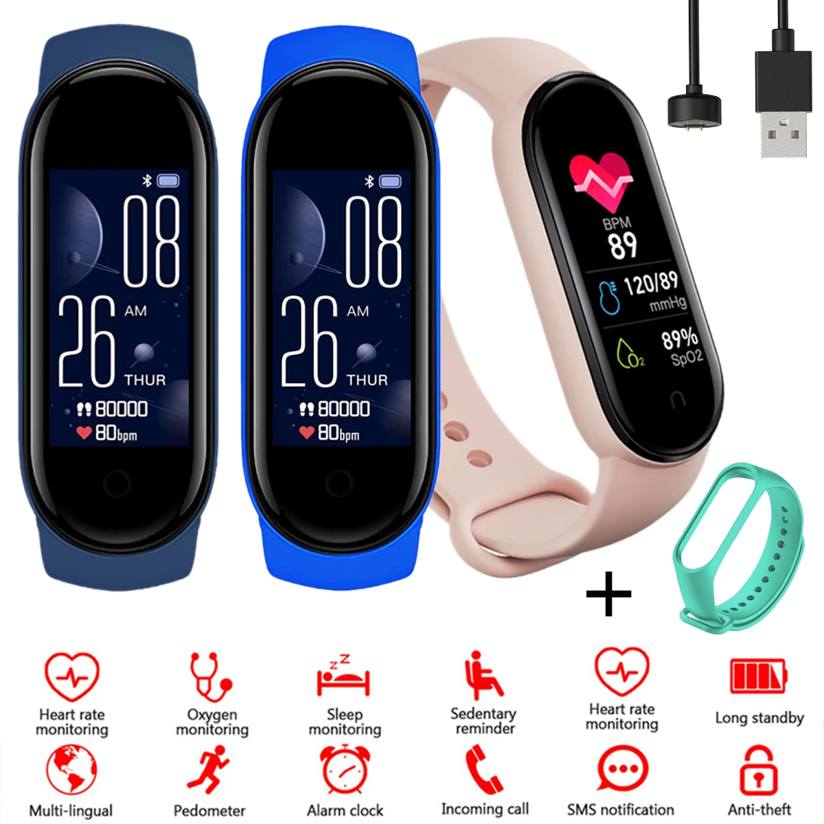 

Smart Bracelet Connection Call Message Reminder Health Heart Rate Blood Oxygen Monitoring Fitness Wristband Alarm Clock Watch
