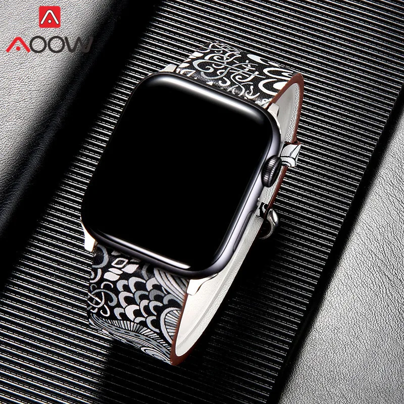 Кожаный ремешок для часов Apple Watch 38 мм 42 мм 40 мм 44 мм цветочный ремешок с цветочным принтом Национальный стиль браслет для iwatch 1 2 3 4