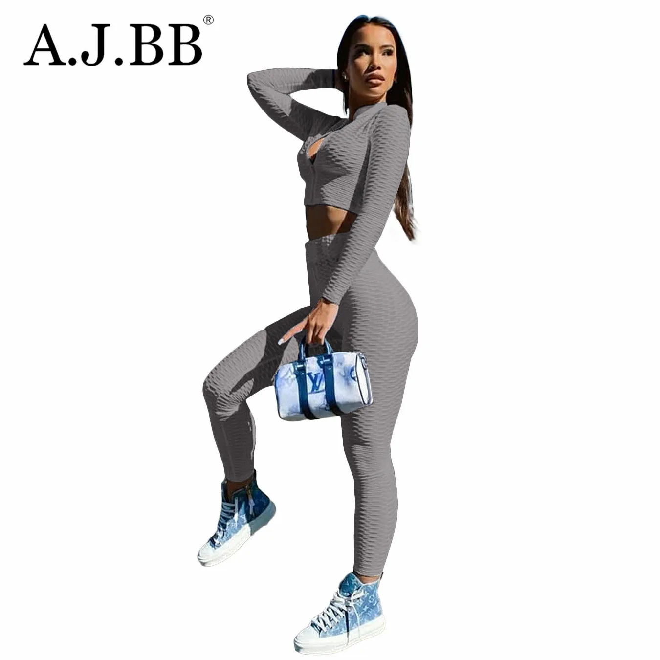 

2021 summer new fashion solid color leisure sports two piece slim o-neck long sleeve top and trousers set