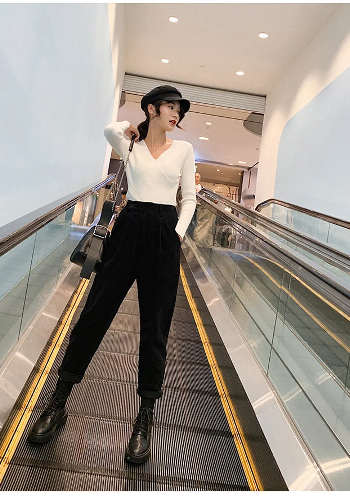 Winter Corduroy Pants Women Autumn High Waist Pockets Trousers Women Plus Size Streetwear Harem Pants Pantalon Femme