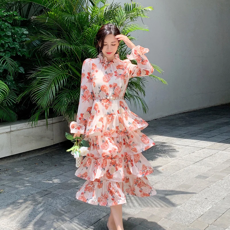 

Женское приталенное платье с оборками, элегантное платье с цветочным принтом, длинным рукавом и высокой талией, осень 2021