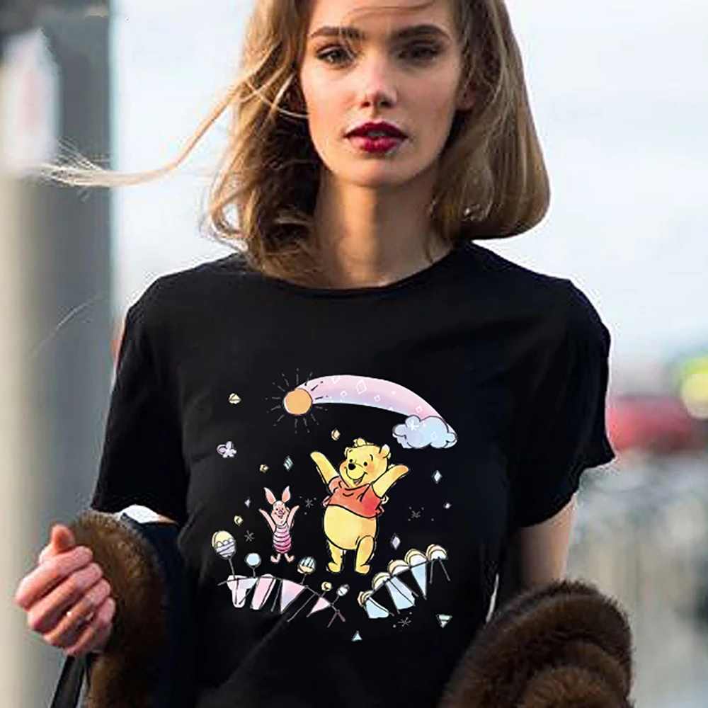 

Kawaii Pooh Bear and Piglet Print T Shirts Women Happy Casual Black Clothes Aesthetic Fashion Young Style Ladies Summer T-shirt
