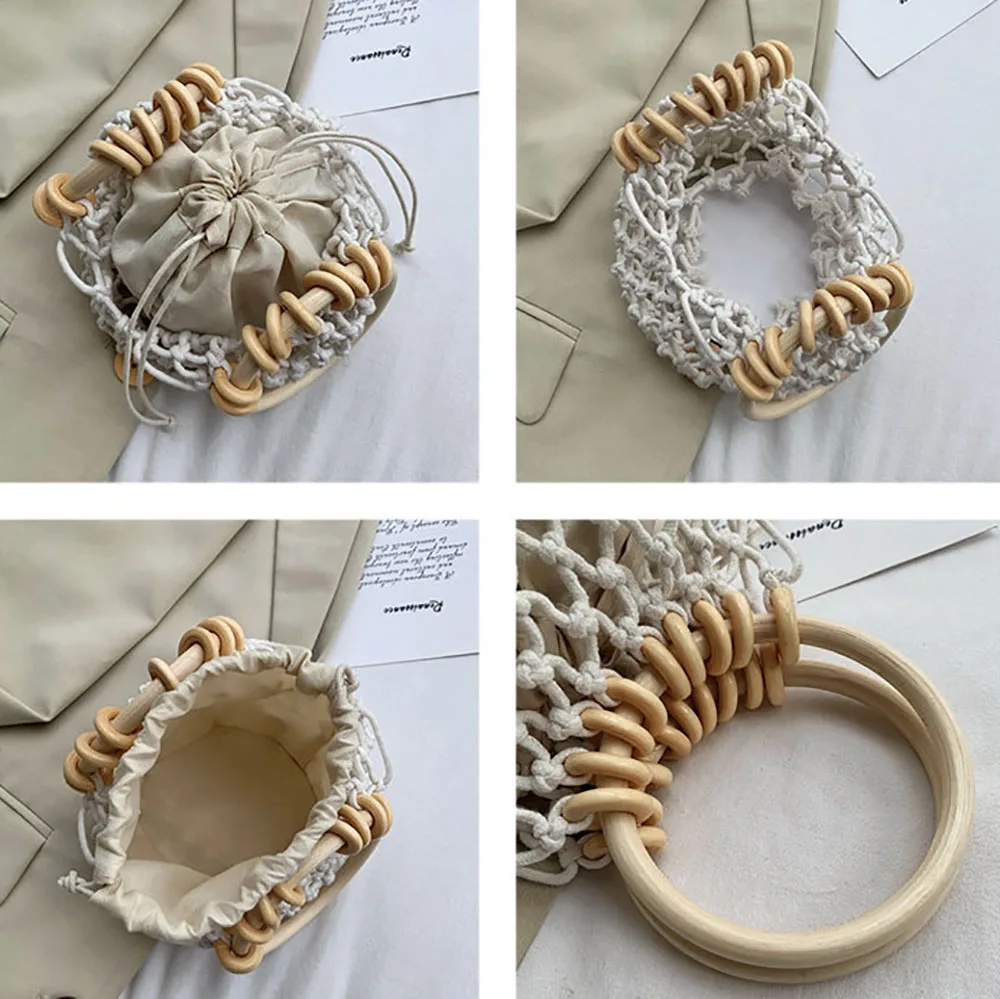 

ANOKHOGI Pure Color Woven Style Bag Women Solid Wood Ring Ladies Handbags Beach Bucket ZX24