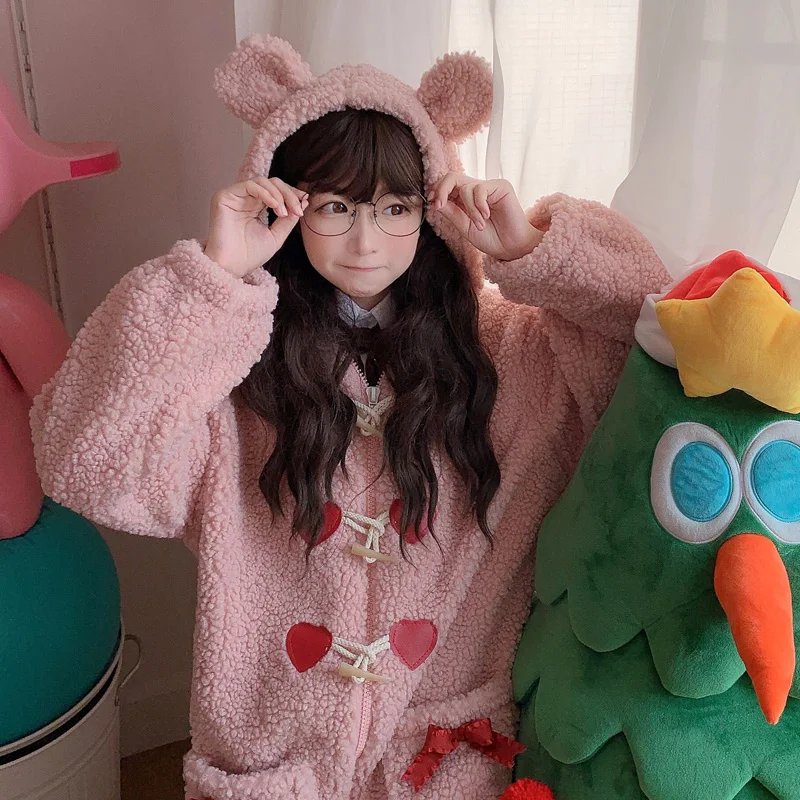 Japanese Winter Sweet Women Coat Soft Girl Kawaii Bear Ear Hooded Cute Horn Button Bow Lambswool Pink Lolita Woolen Outerweat