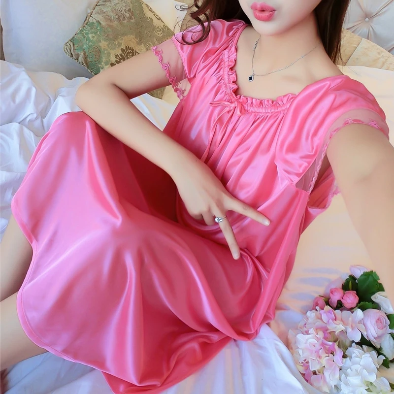 

2021 New Womens Summer Lace Ice Silk Nightdress Short Sleeve Loose Plus Size Nightgown XL