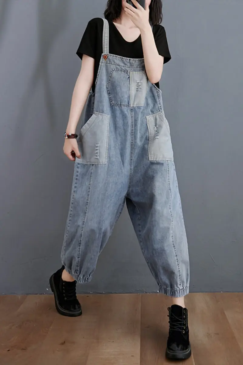 

Summer Women's Denim Overall Romper 2020 New Loose Large Size Jumpsuits Strap Jeans Wide-leg Pants Fashion Vintage Trousers k939