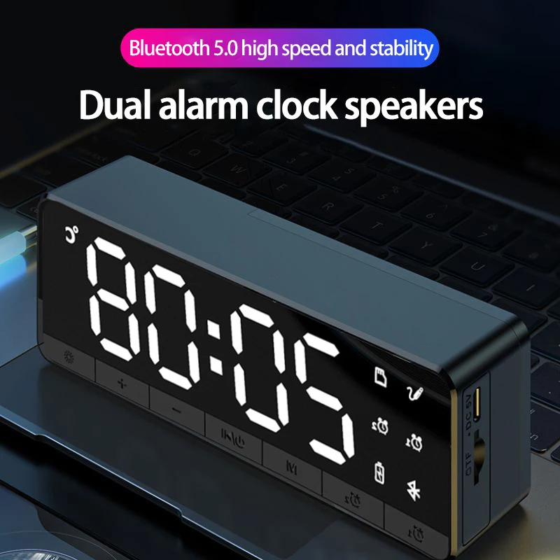 

Mini Bluetooth Speaker+FM Radio Surround Bass Audio Subwoofer LED Digital Mirror Clock Loudspeaker TF Card/AUX Line Playback