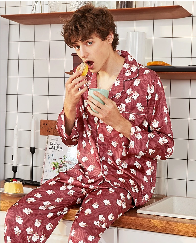 

Occident Style New Men Satin Silk Turn-down Collar Pajamas Sets Long Sleeve Pants Pyjama Suits Casual Sleepwear Pijama L XL 2XL
