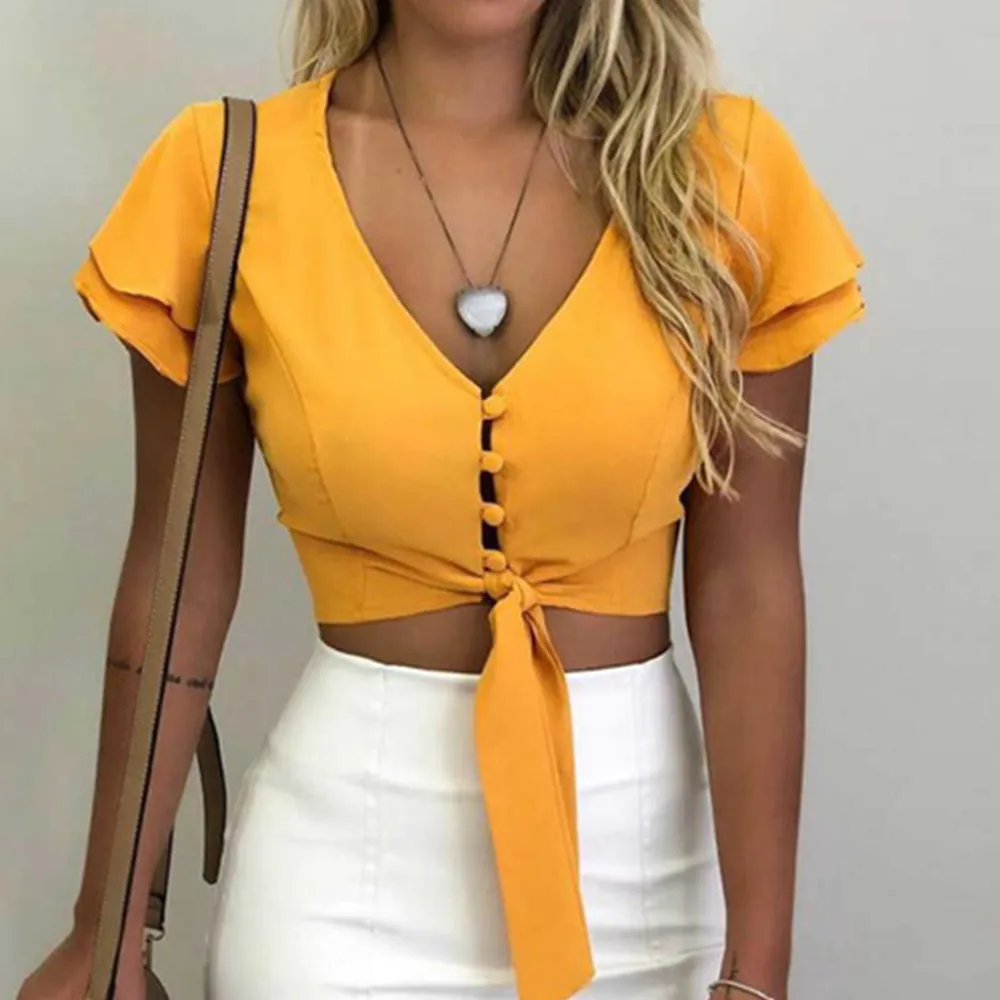 Женский укороченный Топ с длинным рукавом блузка отложным воротником в уличном