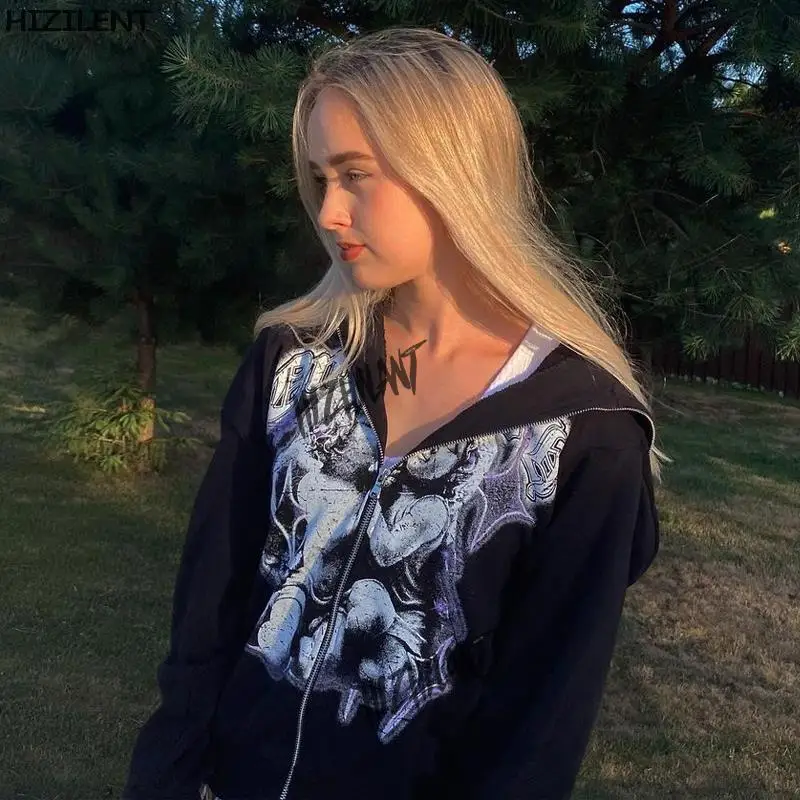 Женская толстовка Стразы с длинным рукавом и молнией оверсайз Y2K эстетика 90-х