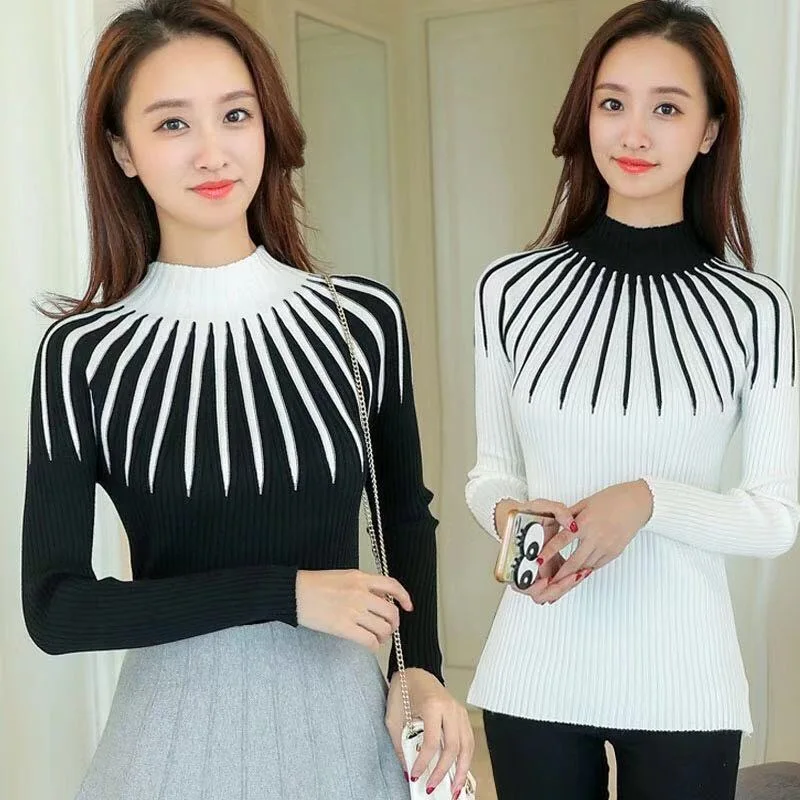 

Turtleneck Slim Fit Sweater Color Matching Pullover Spring Autumn Long Sleeve Fashionable Women's Clothing Plus Size Sweaters