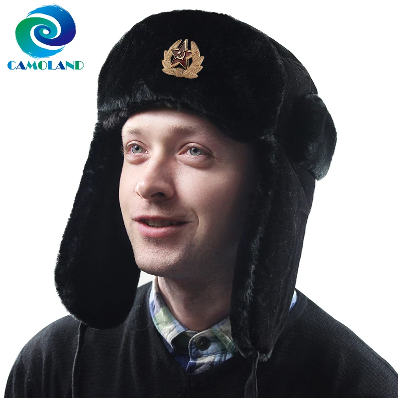 CAMOLAND Hot Sale Soviet Badge Russia Ushanka Trapper Hats For Women Men Thermal Faux Fur Bomber Hat Winter Earflap Snow Ski Cap