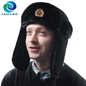 Imported CAMOLAND Hot Sale Soviet Badge Russia Ushanka Trapper Hats For Women Men Thermal Faux Fur Bomber Hat