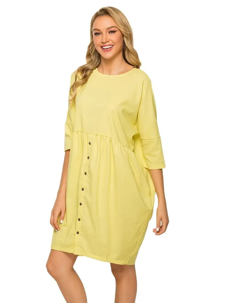 

Short Casual Cotton Linen Yellow Sleeve Fashion knee-length Dress Plus Size Summer Chiffon Dresses