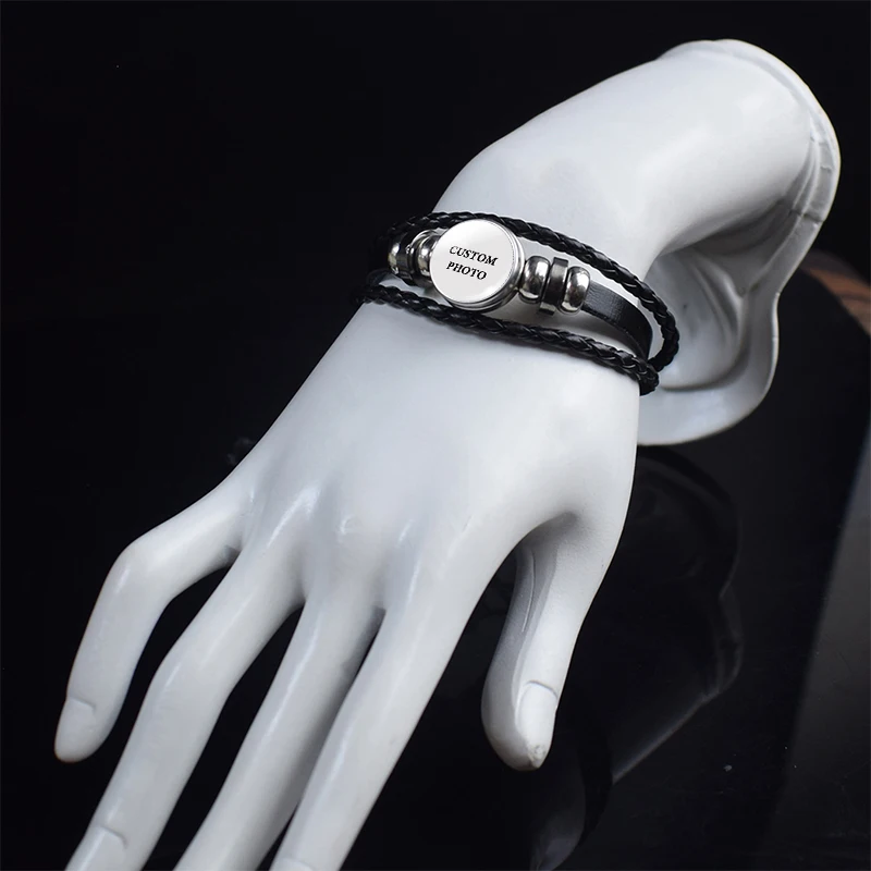 Черный кожаный браслет с фото на заказ для мужчин и женщин плетеный