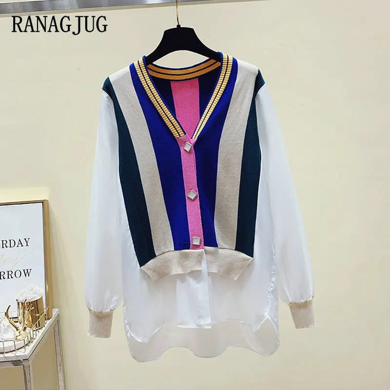 

Женская трикотажная рубашка на пуговицах, Свободный кардиган с длинным рукавом, из искусственной кожи, в стиле пэчворк, осень 2021